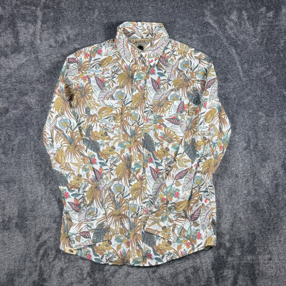 Western Aloha Mens Small Tropical Hawaiian Western Snap Shirt Long Sleeve Tan